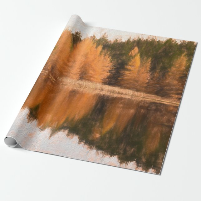 Autumn Trees Lake Orange Fall Themed Sketch Art Wrapping Paper (Unrolled)