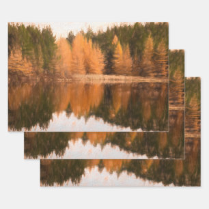 Autumn Trees Lake Orange Fall Themed Sketch Art Wrapping Paper Sheet