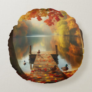 Autumn trees & lake with ducks round cushion