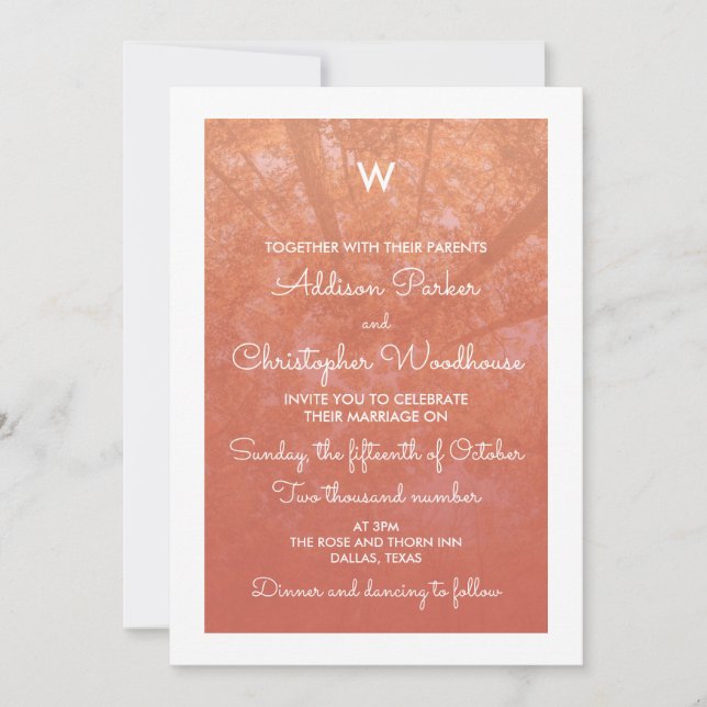Autumn Trees | White & Coral | Monogram Wedding Invitation (Front)