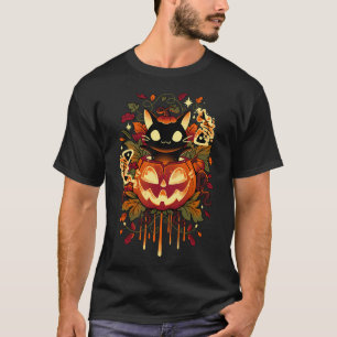 Autumn Tricks - Halloween Black Cat and Pumpkin T-Shirt