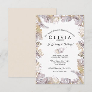 Autumn Tropic Leaf Watercolor Birthday Mauve Gold Invitation