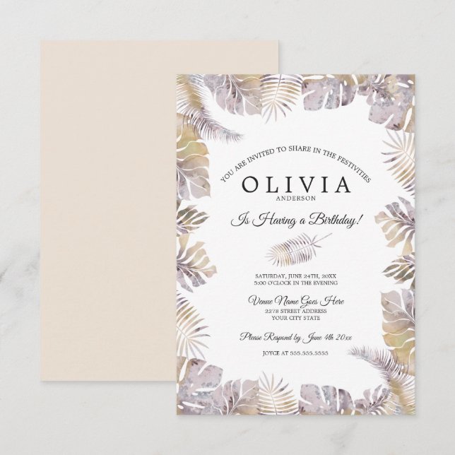 Autumn Tropic Leaf Watercolor Birthday Mauve Gold Invitation (Front/Back)