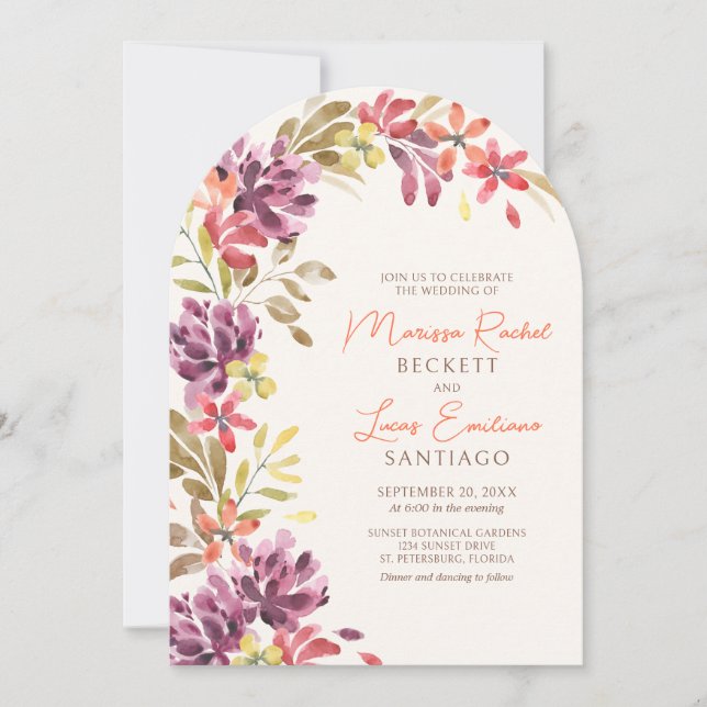 Autumn Tropical Floral Abstract Arch Wedding Invitation (Front)