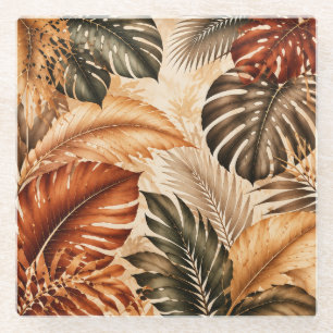 Autumn Tropical Monstera Botanical Pattern Glass Coaster