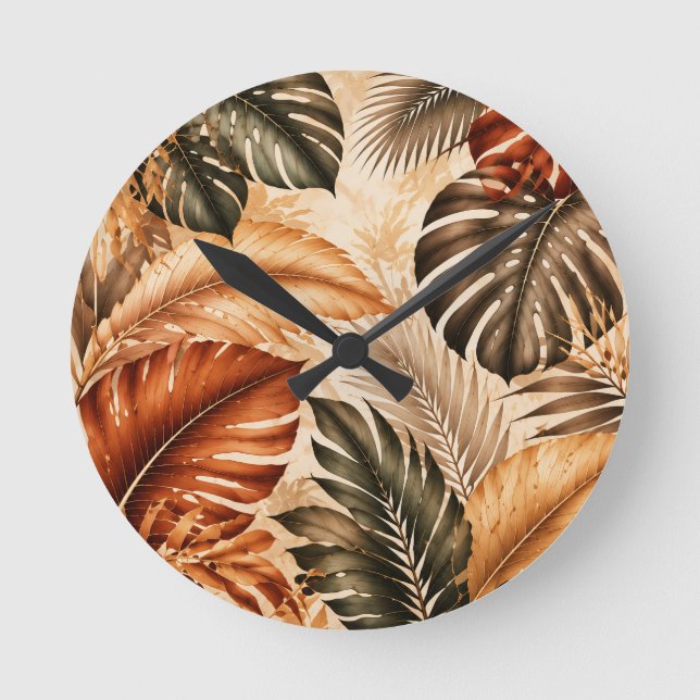 Autumn Tropical Monstera Botanical Pattern Round Clock (Front)
