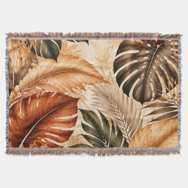 Autumn Tropical Monstera Botanical Pattern Throw Blanket (Front)