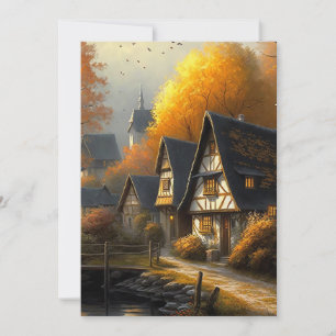 Autumn Tudor Style Home Waterside Path Hello Flat Card
