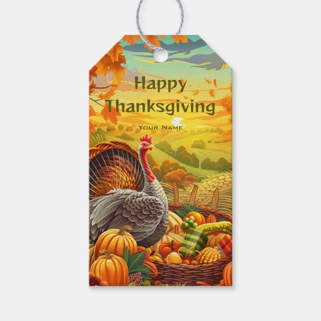 Autumn Turkey Pumpkins Happy Thanksgiving Gift Tag (Front)
