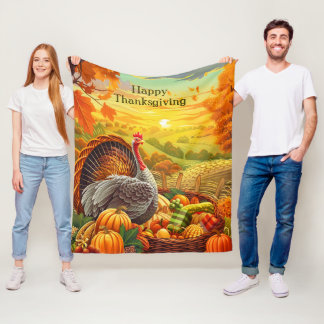 Autumn Turkey Pumpkins Thanksgiving Fleece Blanket
