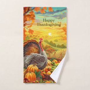Autumn Turkey Pumpkins Thanksgiving Hand Towel