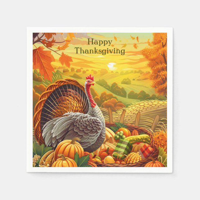 Autumn Turkey Pumpkins Thanksgiving Napkins (Front)
