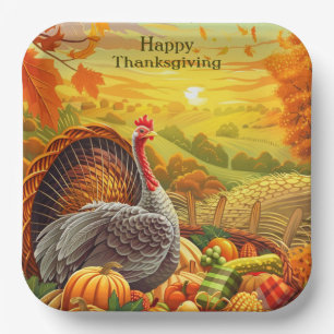 Autumn Turkey Pumpkins Thanksgiving Paper Plate