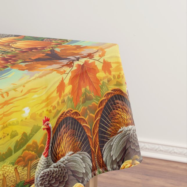 Autumn Turkey Pumpkins Thanksgiving Tablecloth (In Situ)