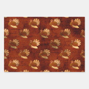Autumn Turkeys on Burnt Orange Wrapping Paper Sheet