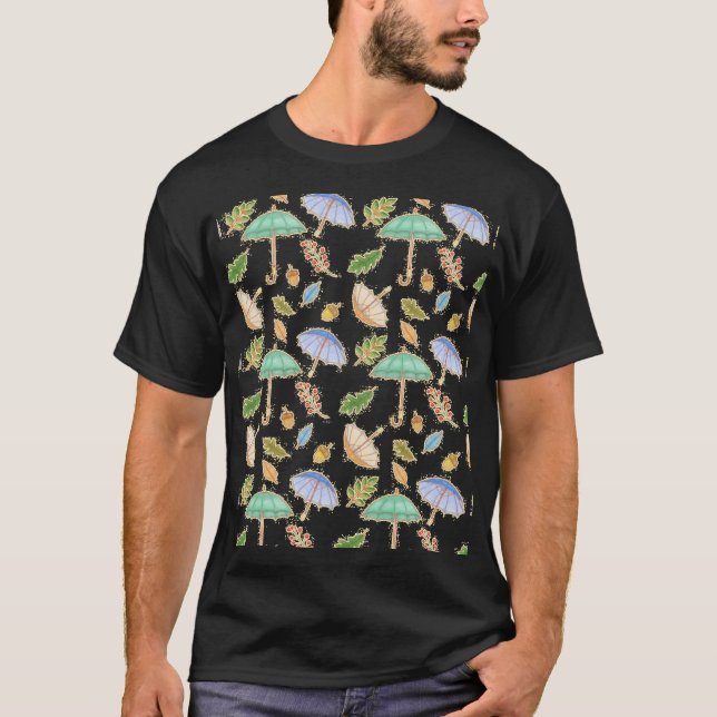 Autumn Umbrella Pattern HandDrawn Fall Leaves and  T-Shirt (Front)