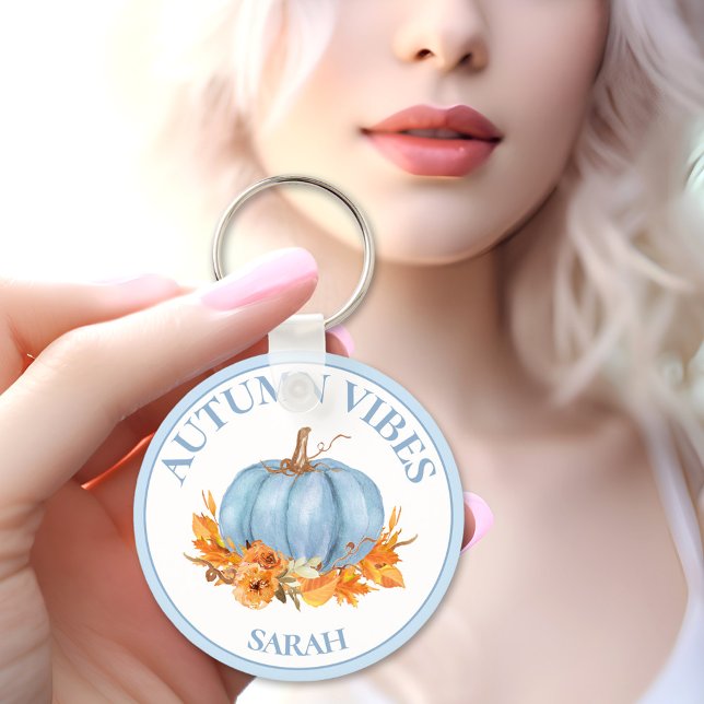 Autumn Vibes Blue Pumpkin Fall Custom Name Key Ring (Autumn Vibes Blue Pumpkin Fall Custom Name Keychain)