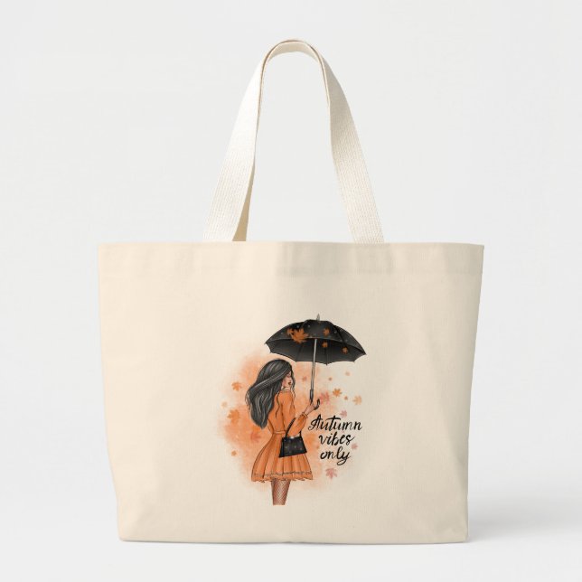 Autumn Vibes Only Fall Fashion Girl Large Tote Bag (Front)