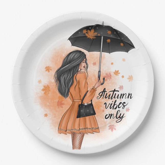 Autumn Vibes Only Fall Fashion Girl Paper Plate (Front)