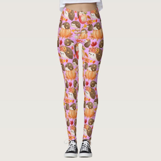 Autumn vibes Pattern Porcupine Pink BG Leggings (Front)