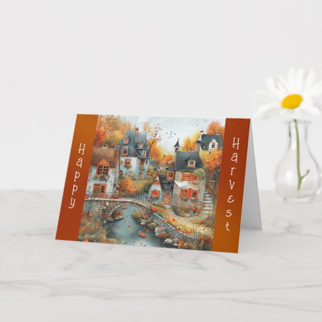 Autumn Village Bridge Illustration Thanksgiving Card (Small Plant)