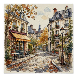 Autumn Village Street Watercolor European Cafe Art Poster