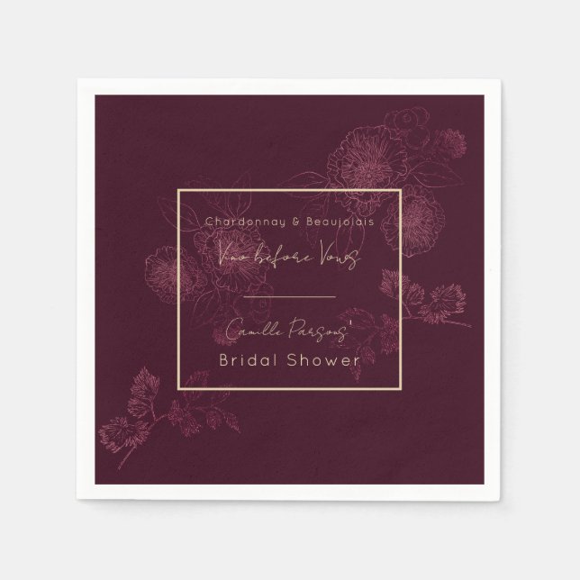 Autumn Vino Before Vows Rosegold Floral Lines Napkin (Front)