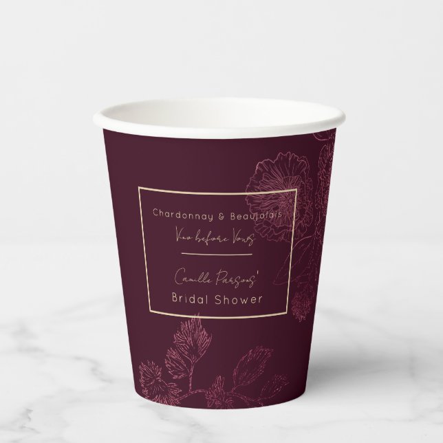 Autumn Vino Before Vows Rosegold Floral Lines Paper Cups (Front)