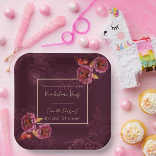 Autumn Vino Before Vows Rosegold Floral Lines Paper Plate