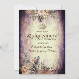 Autumn vintage elegant floral  tiara Quinceañera Invitation