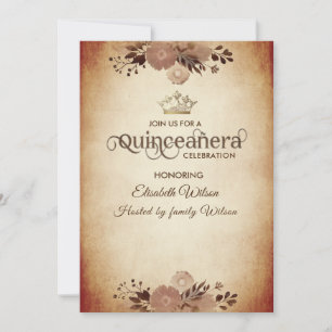 Autumn vintage elegant floral  tiara Quinceañera Invitation