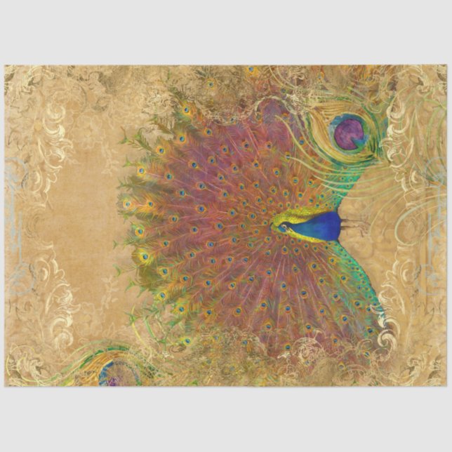 Autumn Vintage Peacock Feather Gold Decoupage  Tissue Paper (Front)
