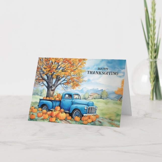 Autumn Vintage Pickup and Pumpkins Thanksgiving Holiday Card (Front)