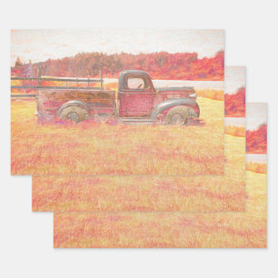 Autumn Vintage Retro Rustic Red Farm Truck Wrapping Paper Sheet