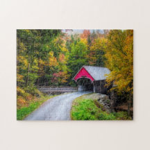 Autumn walk through covered bridge
