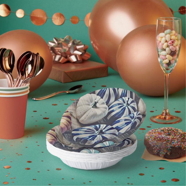Autumn Watercolor Blue and White Pumpkin Design  Paper Plate (Multi)