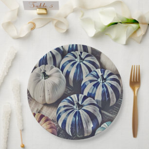 Autumn Watercolor Blue and White Pumpkin Design Paper Plate