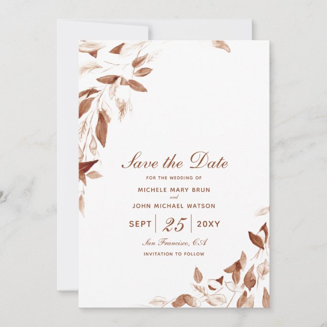Autumn Watercolor Brown Leaves Save the Date Card (Front)