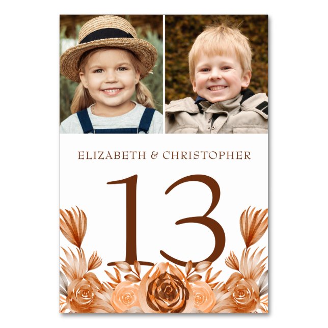 Autumn Watercolor Floral 2 Photo Wedding Table Number (Front)