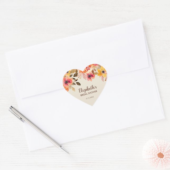 Autumn Watercolor Floral Bridal Shower Heart Sticker (Envelope)