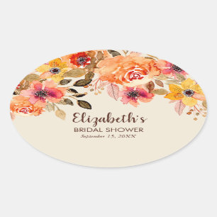 Autumn Watercolor Floral Bridal Shower Oval Sticker