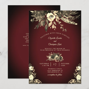 Autumn Watercolor Floral Burgundy & Ivory Wedding Invitation