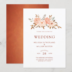 Autumn Watercolor Floral Copper Ivory Wedding Invitation