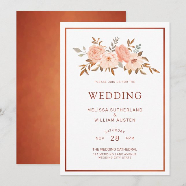 Autumn Watercolor Floral Copper Wedding Invitation (Front/Back)