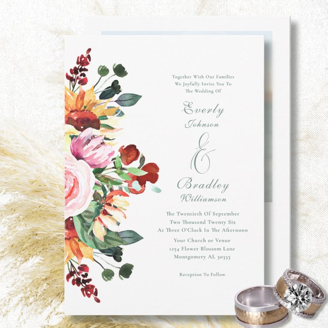 Autumn Watercolor Floral Elegant Burgundy Wedding Invitation (Creator Uploaded)