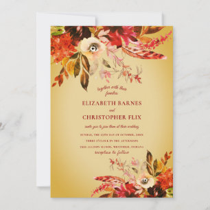 Autumn Watercolor Floral Gold Wash Wedding Invitation