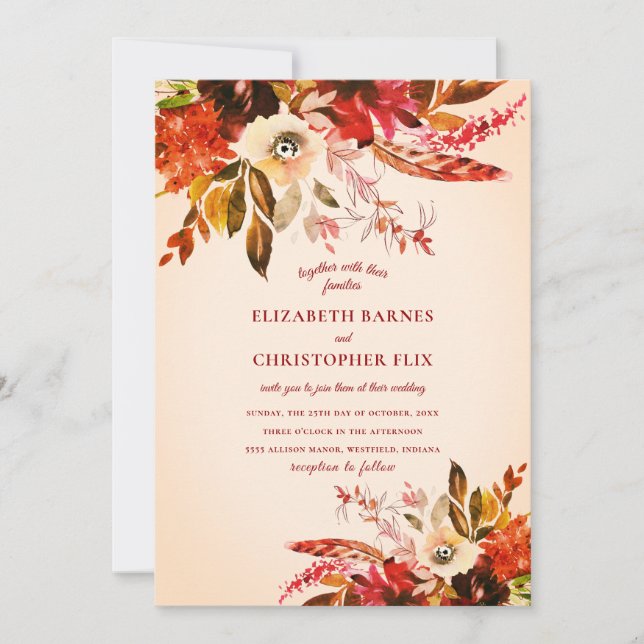 Autumn Watercolor Floral Ivory Blush Wedding Invitation (Front)
