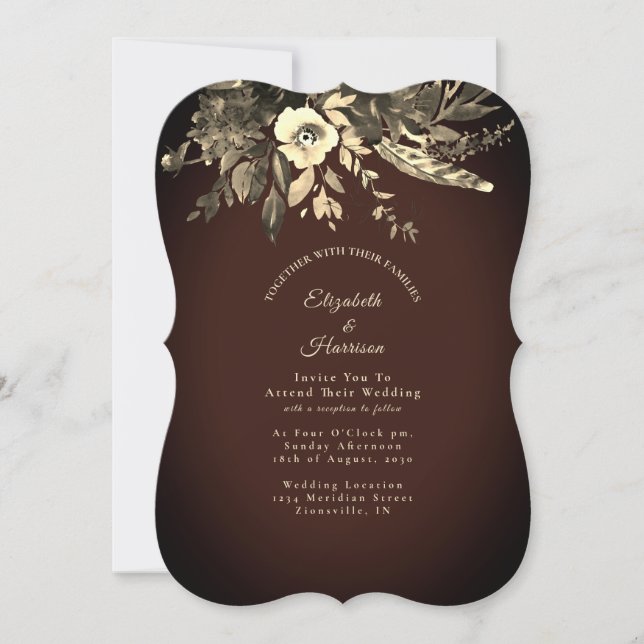 Autumn Watercolor Floral Mocha Brown Wedding Invitation (Front)