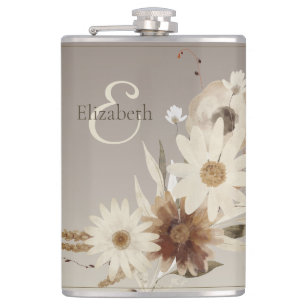 Autumn Watercolor Floral Monogram Hip Flask