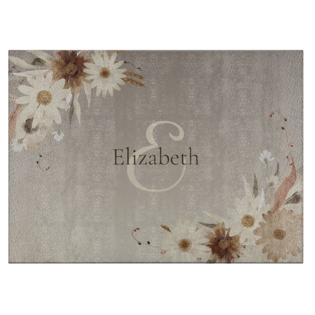 Autumn Watercolor Floral Monogram Personalised Cutting Board (Front)
